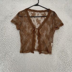 Y2K Sheer Lace Fairy Top Womens Medium Floral Tie Front Cropped Y2K Fairycore